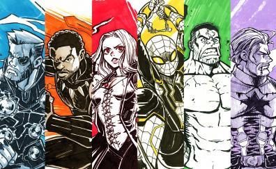 Avengers: infinity war, superhero, collage, sketch art