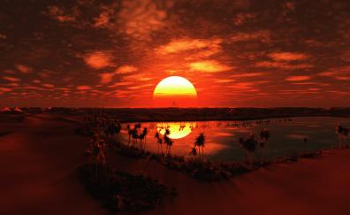 Sunset, red sky, aerial view, tropical red, landscape