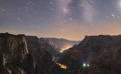 Valley, mountains, city, starry sky, evening