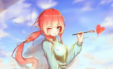 Anime girl, drawing with brush, redhead, art
