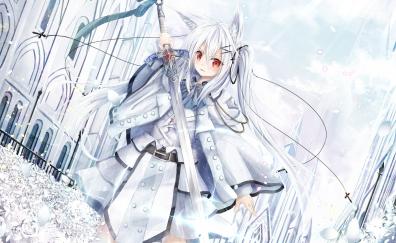 Warrior, anime girl, white hair