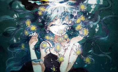 Hatsune Miku, flowers, underwater, art