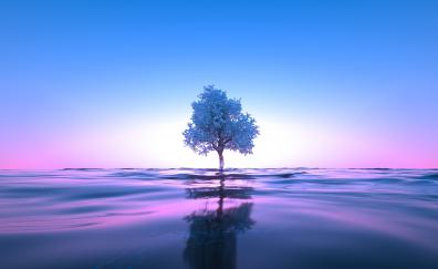 Tree neon, body of water, reflections. clear sky, pink-blue digital art