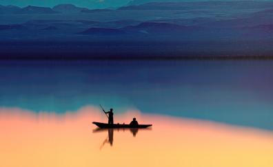 Lake, silhouette, fishing, horizon, sunset