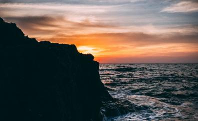 Sunset, coast, rocks, sea, nature, dark