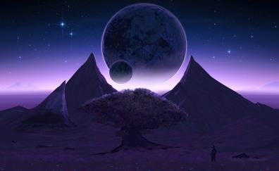 3 planets meets, fantasy, tree, landscape