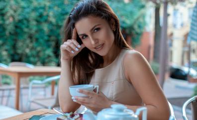 Brunette, girl model, morning tea