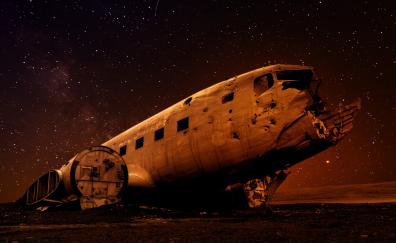 Starry night, wreck, airplane, landscape