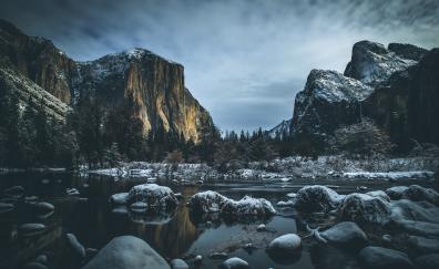 National Park, Yosemite Valley, river, mountains, stones