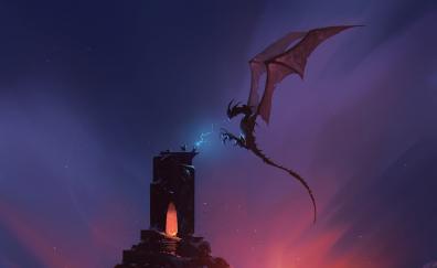 Dragon and warrior, at watch tower, artwork, fantasy