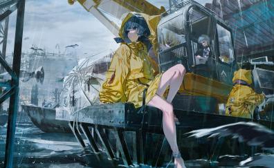 Anime girls on boat, rain, original