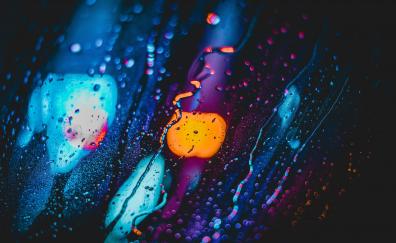 Drops, glass surface, blur, neon