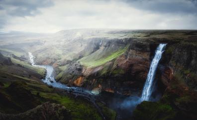Iceland's Canyon, nature, waterfall, aerial view