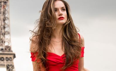 Woman model, outdoor, brunette, red dress