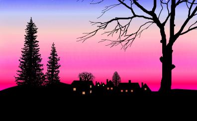 Afterglow, night, silhouette, house, tree