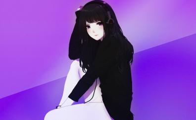 Headphone, cute, anime girl, black hoodie