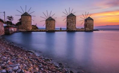 Windmill, coast, sunset, pebbles, sea
