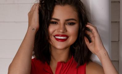 Smile, red lips, Selena Gomez, 2019