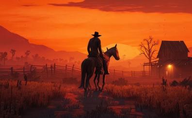 Arthur Morgan, Evening Ride on Horse, landscape, sunset