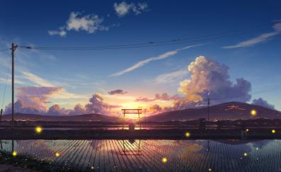 Farms, landscape, village, sunset, anime