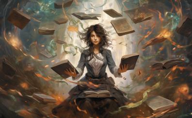 Magician girl with books, spells, fantasy