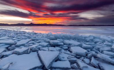 Sunset, seashore, ice, nature