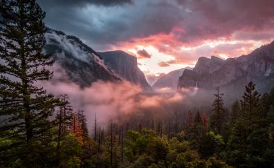 Misty Yosemite Valley, National Park, Fog, Mountains