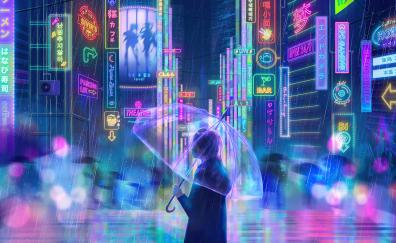Glowing city, neon, girl with umbrella, original, artwork