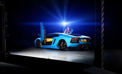 Blue, sports car, Lamborghini Aventador