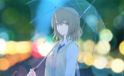 Anime girl, portrait, bokeh, umbrella