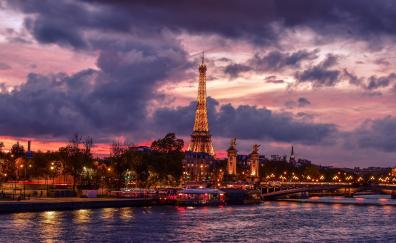 Eiffel tower, night, city, Paris, clouds