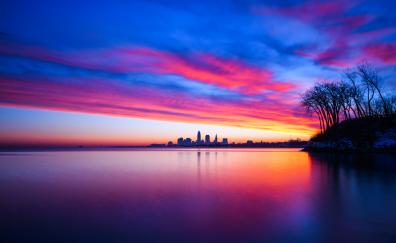 Cleveland, sunset, landscape, colorful sky, reflections