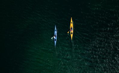 Drone view, two boat surfing, sea