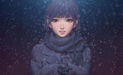 Beautiful, anime girl, snowfall, artwork