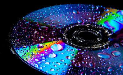 Disk, wet surface, drops, colorful, reflections