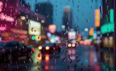 Raindrops on glass, rain, night of city, bokeh