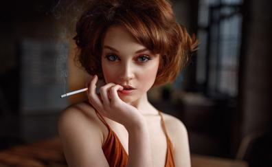 Short hair, red head, woman, portrait, cigarette