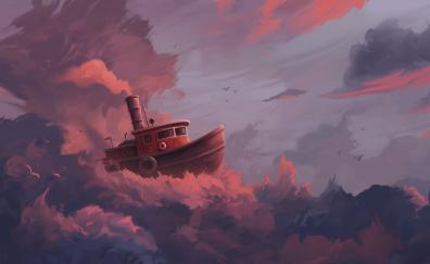 Ship, clouds, fantasy, art