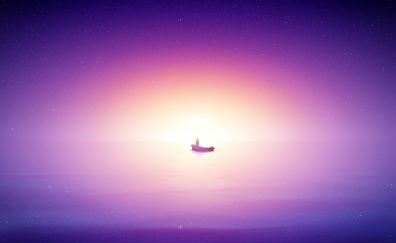 Alone, fishing, boat, sunrise, bright purple sea