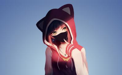 Anime girl in hoodie, mask, original