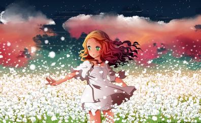 Curious, cute, anime girl, outdoor, meadow