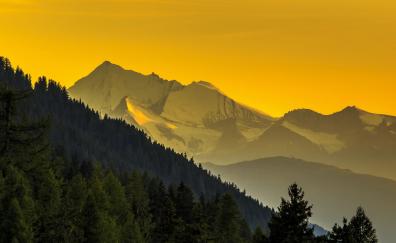 Mountains, horizon, dawn, sunrise, yellow sky, nature
