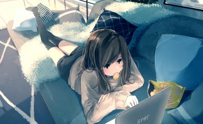 Laptop, anime girl, relaxed, original, art
