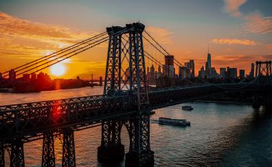 New york, city, bridge, sunrise, architecture, dawn