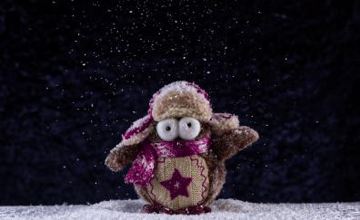Toy, figure, owl, snowfall
