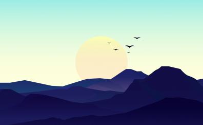 Birds, full sun, minimal, sunset, seascape