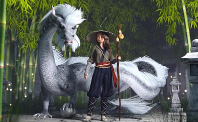 Teen girl with dragon, white dragon, art