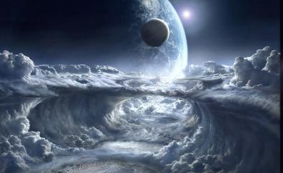 Space, white clouds, planet, fantasy