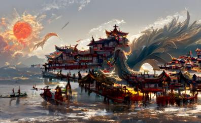 China's ancient town, dragon, fantasy, art