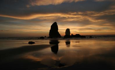 Cliffs, shore, reflections, sunset, silhouette